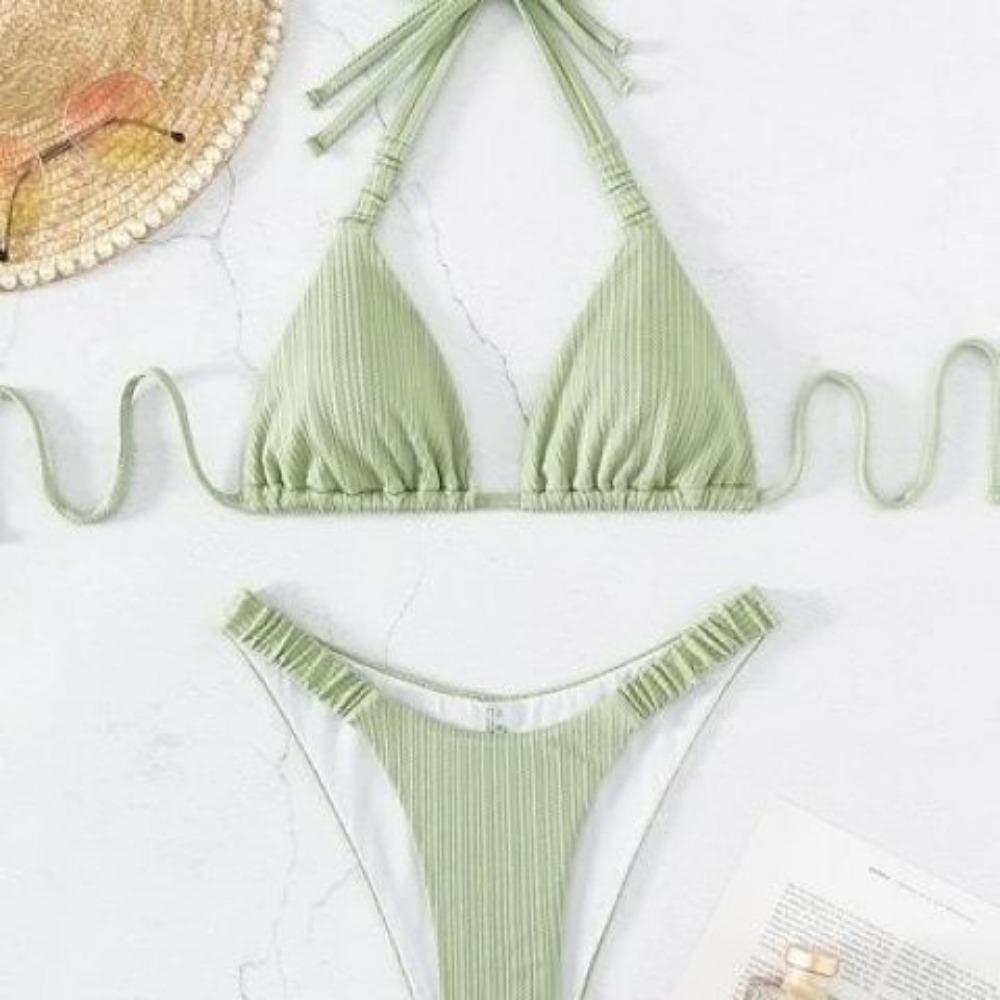 Sexy Solid Color Bikini Women's Triangle Sports Swimsuit European and American Swimsuit Beach Halter Hip High Waist Swimsuit