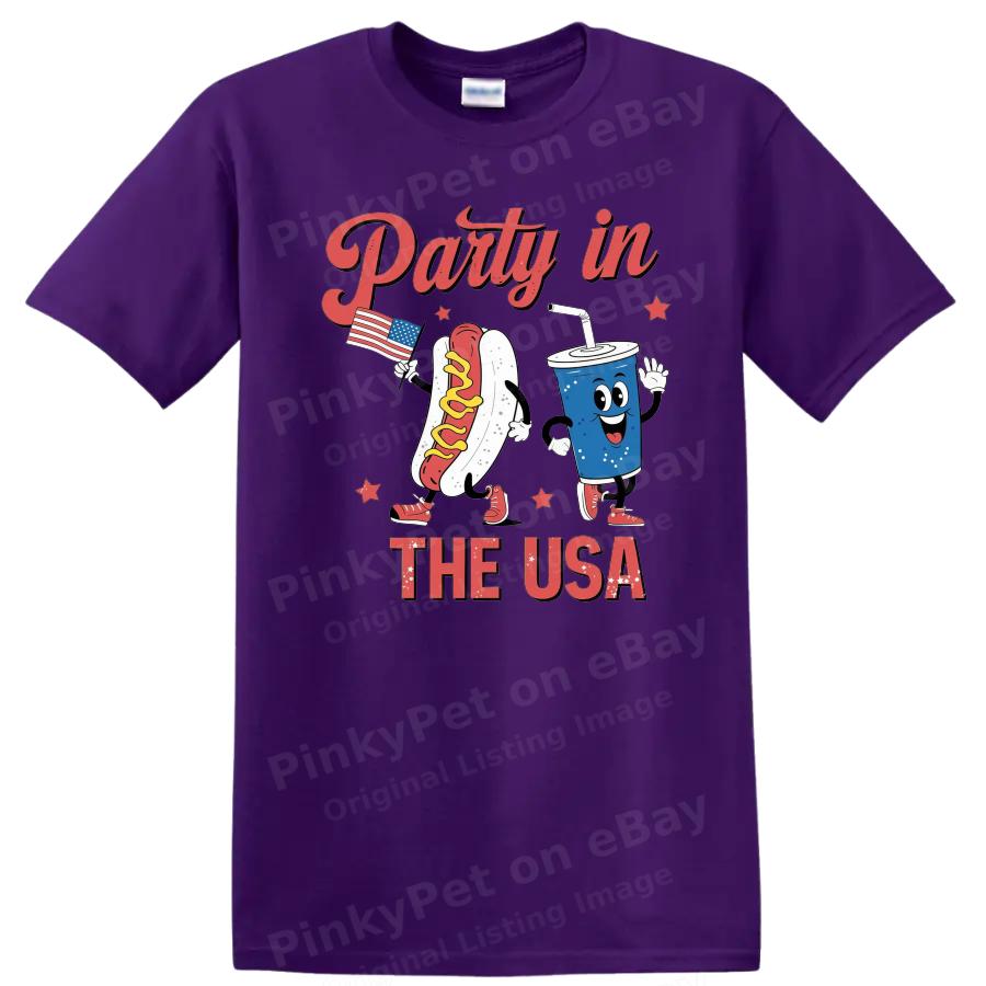 Party in the USA Hot Dog Soda T Shirt Cute Graphic Funny Tee for Summer Fun