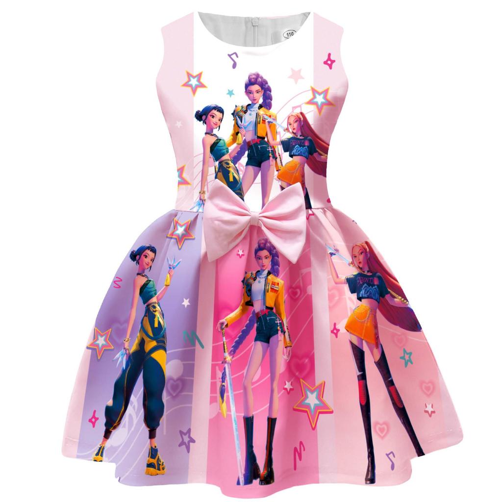**Demon Hunter Girl Group Printed Bowknot Dress – Children's Singing & Dancing Formal Wear**