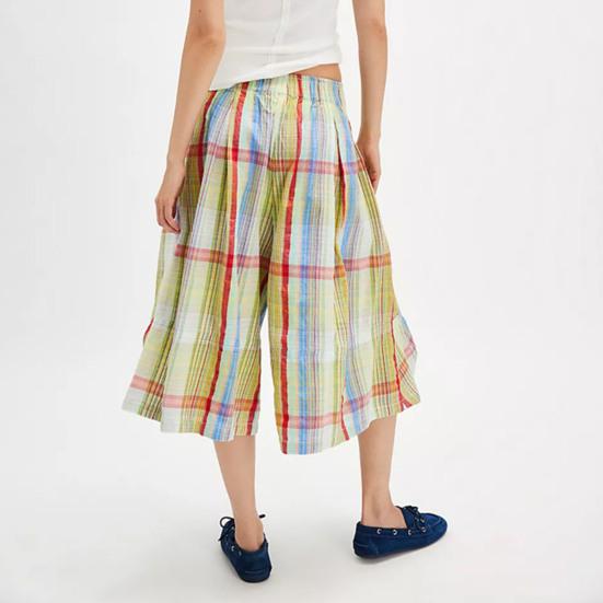 Women's Summer Boho Plaid Culotte Pants Casual Wide Leg Palazzo Trousers Baggy Cropped Gingham Capris Pants with Pockets