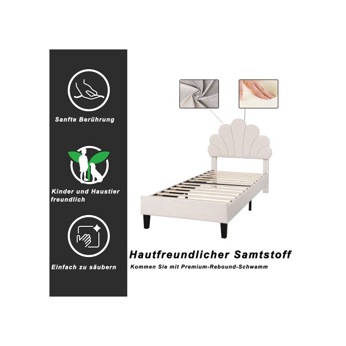 Lit D'enfant Capitonné 90 X 200 Cm, Cadre De Lit Avec Tête De Lit Fleurie Et Sommier À Lattes, Lit D'invité (couleur : Beige)