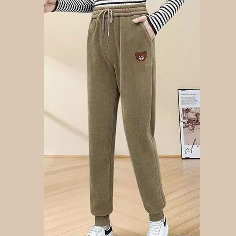 Women's Thickened Corduroy High-waisted Active Pants Autumn Winter Casual Pull-string Elastic Waist Straight-leg Trousers