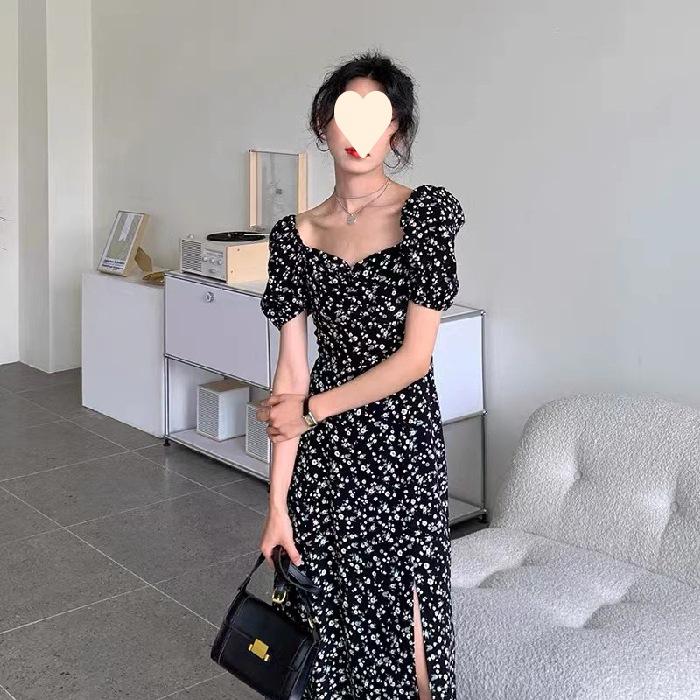 2025 Summer Black Floral Square Neck Slit Dress