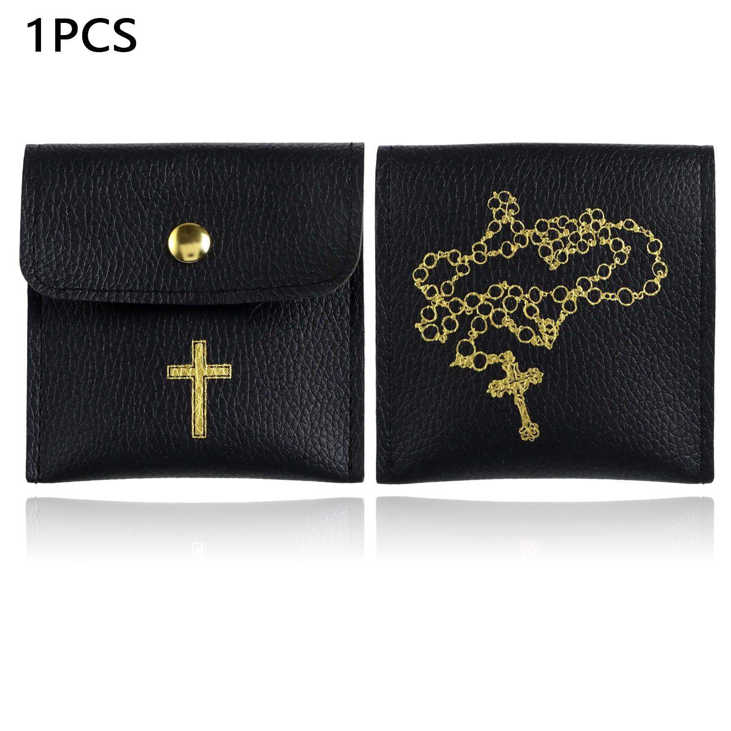 

1/10Pcs Rosary Pouch with Gold Cross Imprint Design Beautiful Leather Case, Leather Jewelry Travel Bag Leather Jewelry Pouch