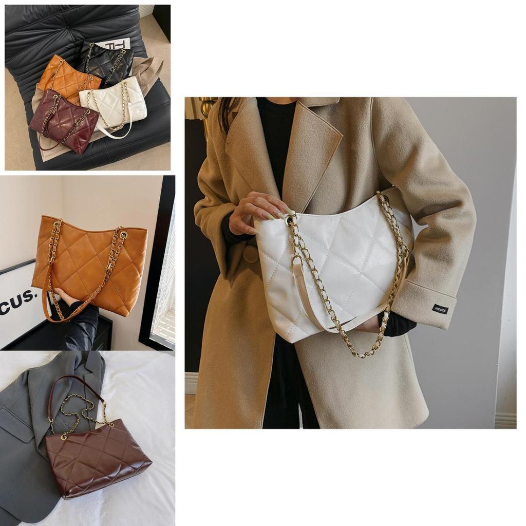 2023 Winter New Women's Bag Fashion Street Trend Shoulder Bag Retro Casual Crossbody Bag Rhombic Chain Tote Bag In Black