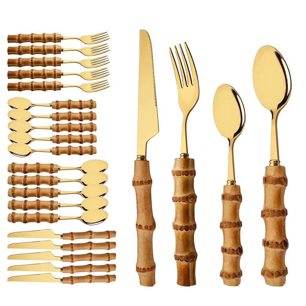 24Pcs Tableware Sets Stainless Steel Bamboo Cutlery SetPurely Natural Bamboo Handle Flatware Set Dinnerware Steak Knife Cutlery