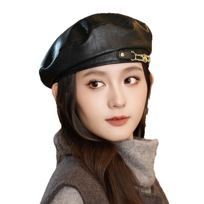 New Autumn and Winter Sweet and Cool Chain Beret Versatile Retro Leather Painter Hat Outdoor Casual Windproof Hat Women