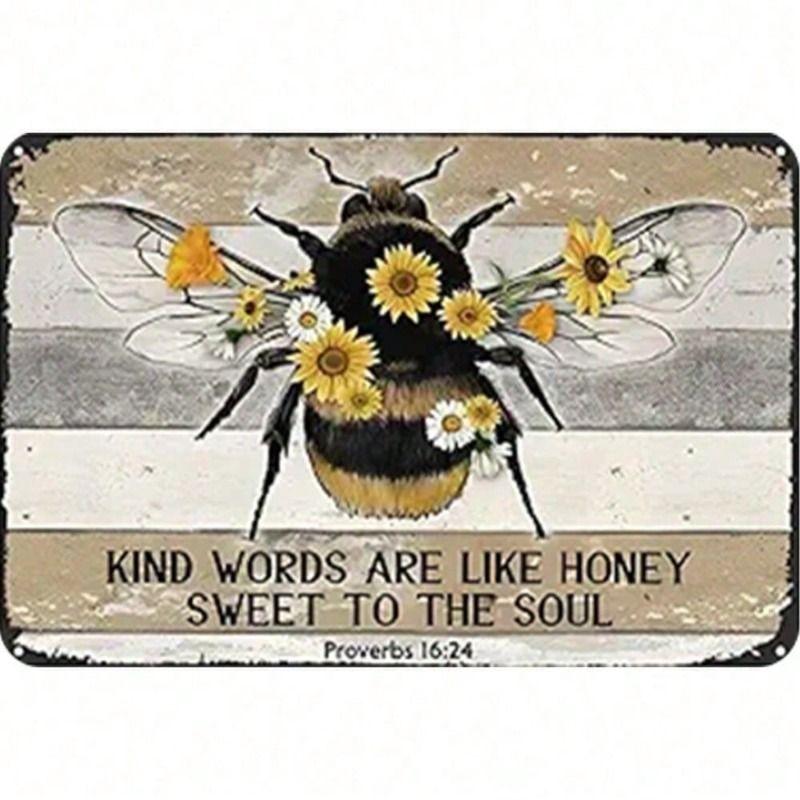 Vintage Metal Wall Art Sign, Kind Words Are Honey Quote, Rectangular Tin Poster for Home Decor