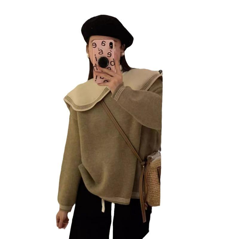 Contrasting Color Doll Collar Sweater Female Spring and Autumn Small Lazy Wind Loose Soft Waxy Sweet Thickened Knitted Top