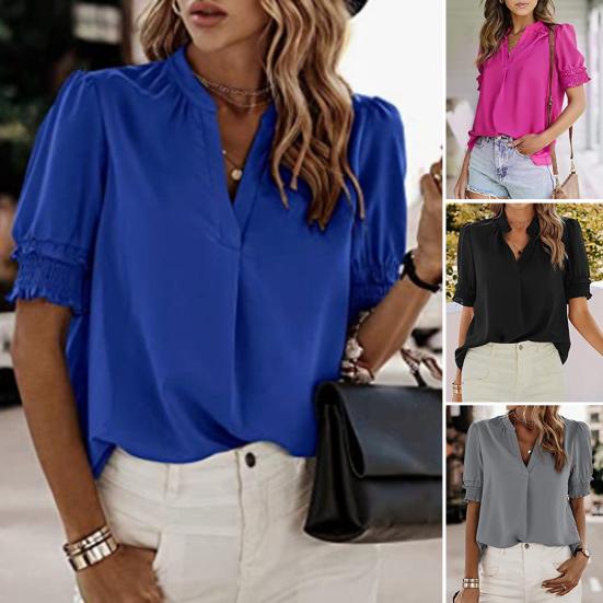 

Женская блузка Пуловер с v-образным вырезом и рюшами на рукавах Поглощающая пот Быстросохнущая повседневная одежда Сплошной цвет с короткими рукавами Женская шифоновая рубашка Офисная одежда