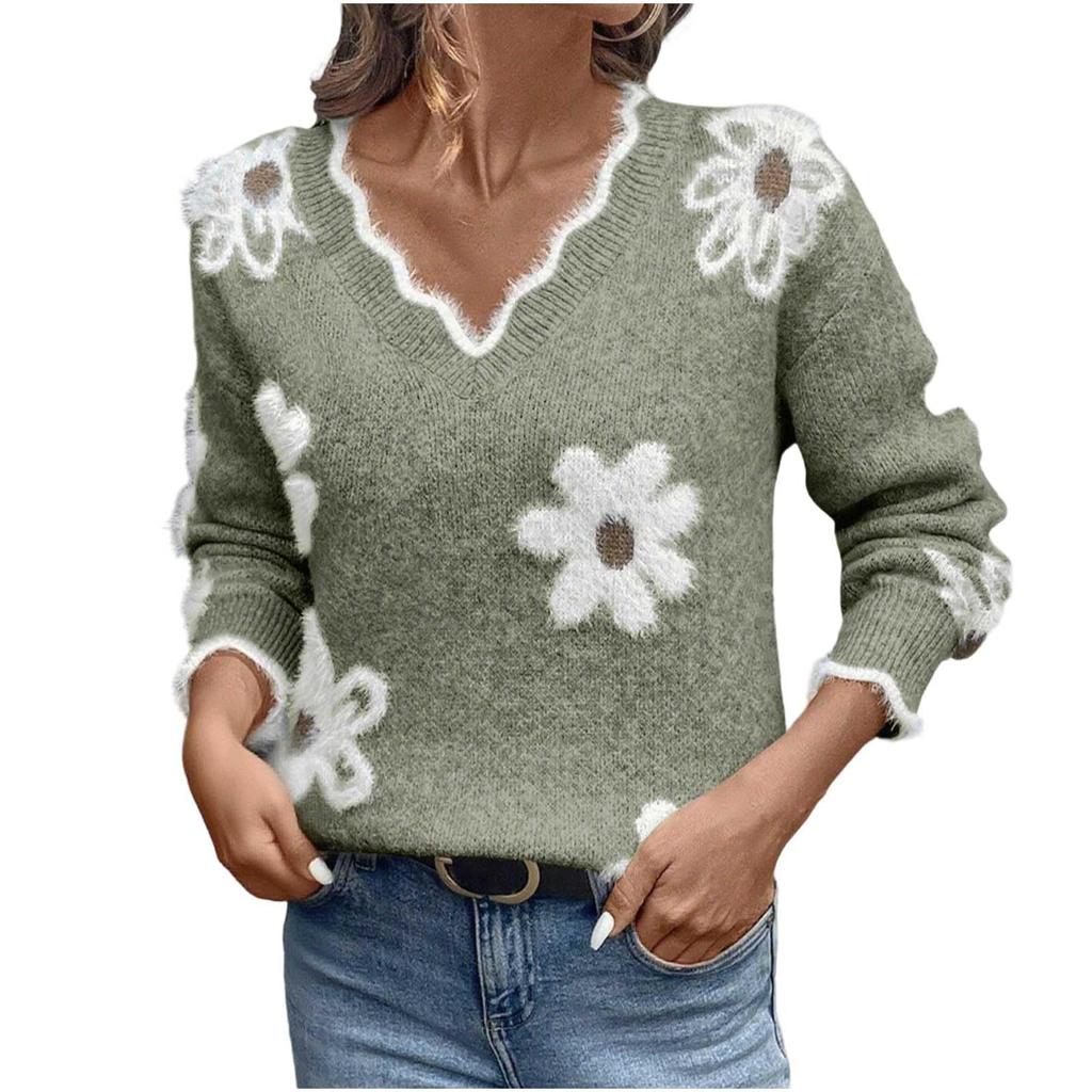 Women's Casual Fashion Elegant Floral  Knitted V-Neck Sweater