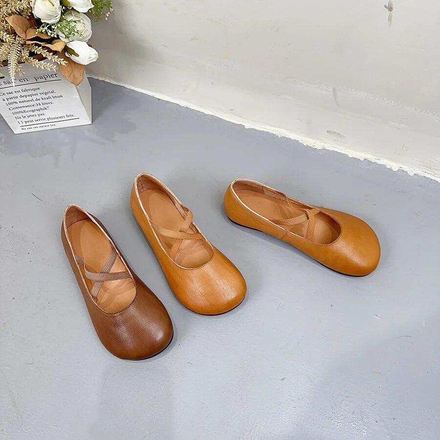 Johnature Genuine Leather Shallow Flats Retro Loafers Comfortable Soft Sole Round Toe Versatile Women's Shoes