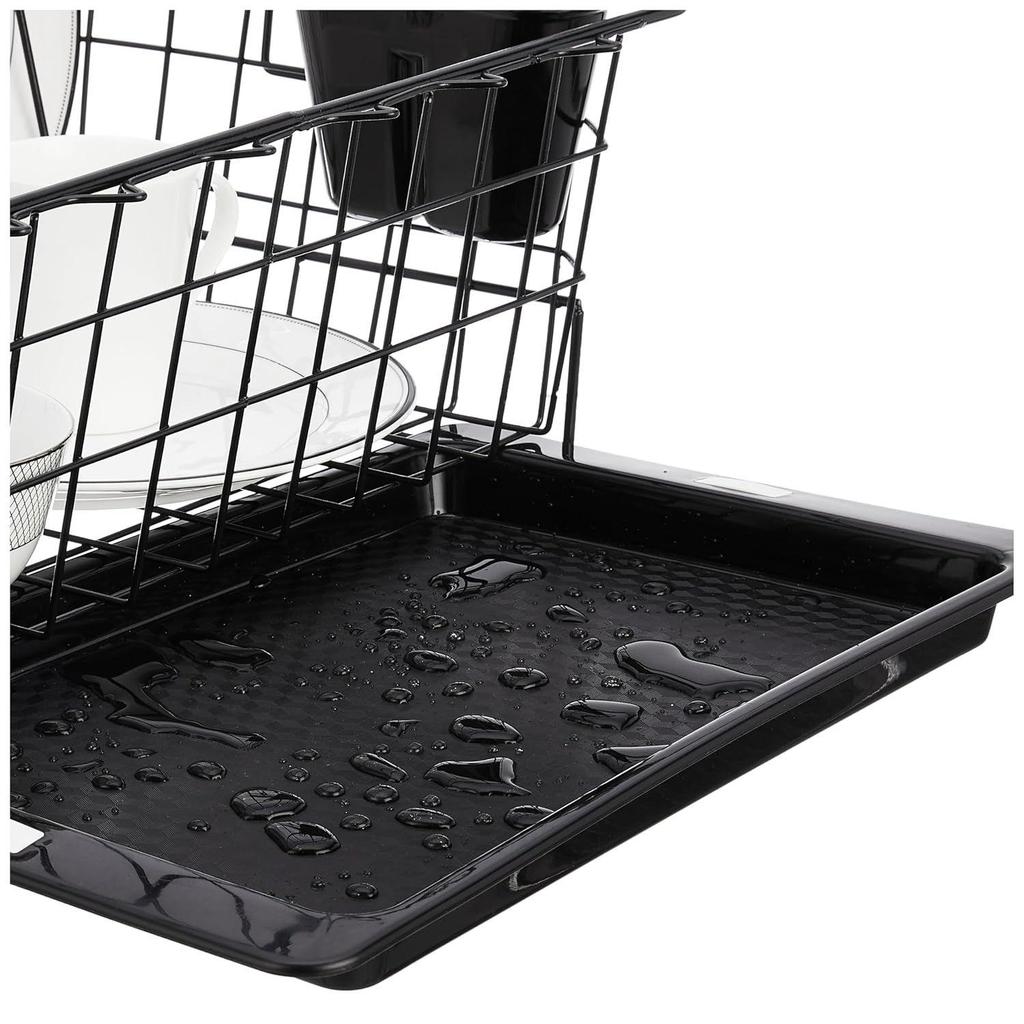 Stainless Steel Luxe Black Steel Dish Drainer with Drain Tray, Detachable Cutlery Stand | Bartan Plate Drying Basket Stand (Black), 55.3 X 37 X 23 Cm