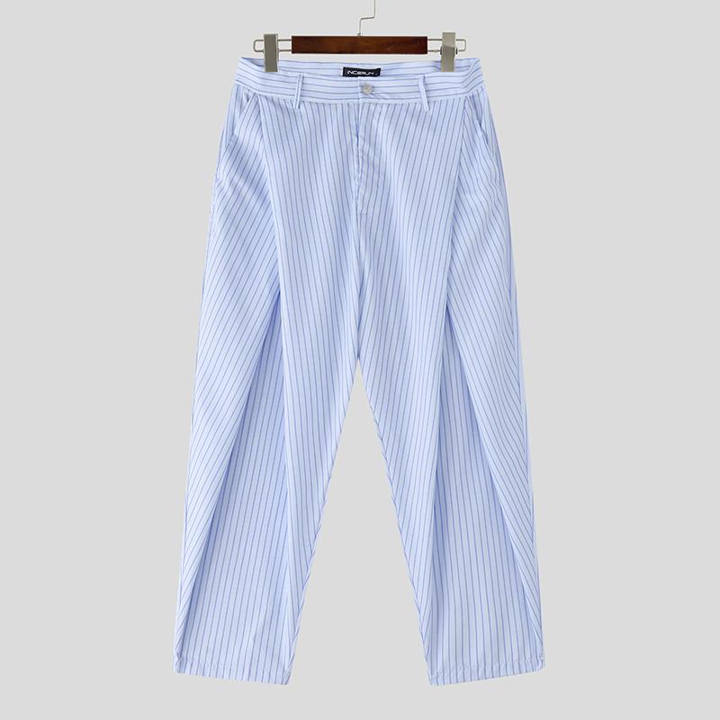 INCERUN Мужские повседневные длинные брюки гаремного типа на молнии с завышенной талией и принтом в поперечную полоску спереди M синий