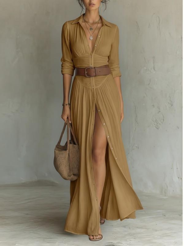 European and American style V-neck thin shirt skirt holiday style long split dress belt design sense