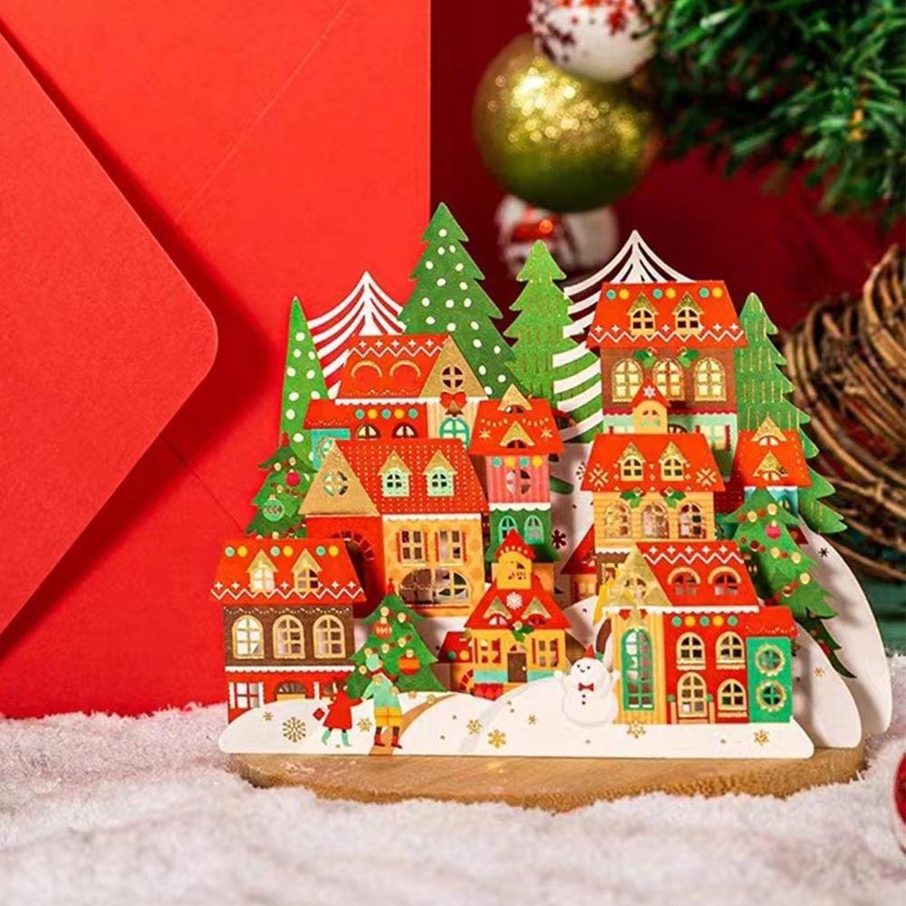 Paper Christmas 3D Greeting Card with Envelope Gold Plated Merry Christmas Blessing Cards Craft Pop Up Paper Carving Postcard