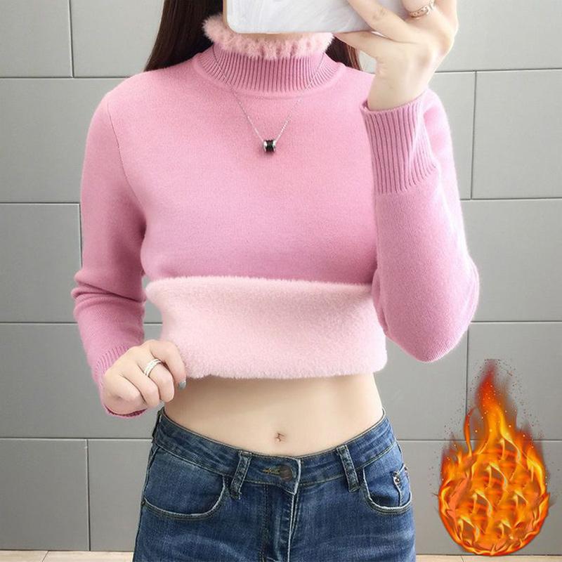 Autumn Winter Fashion Solid Plush Thick Sweaters Women Slim All Match Chic Pullover Casual Tops Lady