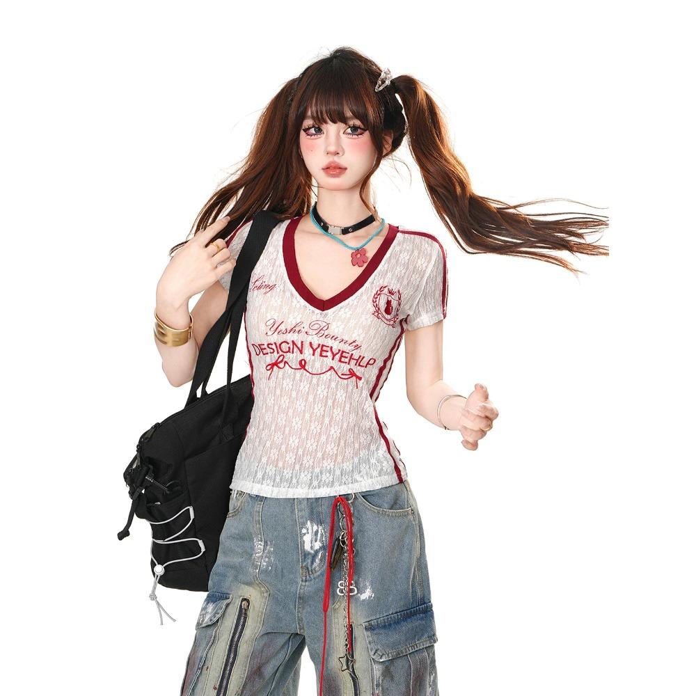 V-neck Micro Transparent Lace Embroidery T-shirt Women's Short Sleeved Top Y2k Aesthetic Top