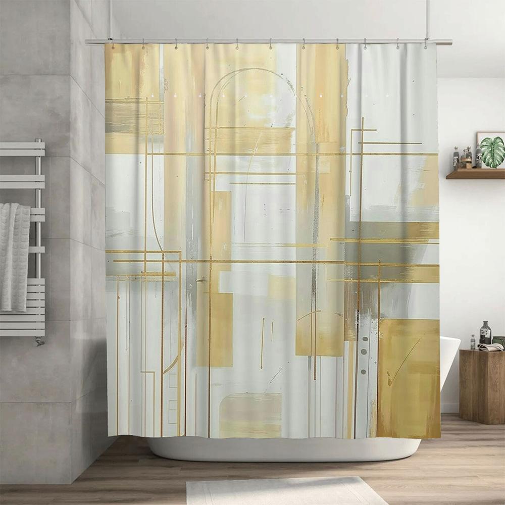 Luxury Bath Shower Curtain with Artistic Design White and Beige Abstract Watercolor Pattern