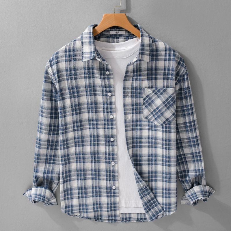 Spring Summer Plaid Sun Protection Clothing Loose Casual Long Sleeve Shirts Men's Lightweight Yarn-Dyed Plaid Shirt Outerwear New