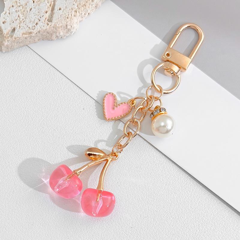 Cute Cherry Keychain With Pearl And Heart Charm Resin Fruit Pendant Bag Accessory For Women Girls