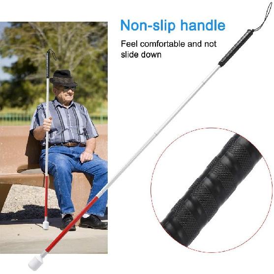 Blind Cane, Folding Reflective Red Cane 43.3in, Non-Slip Aluminum Walking Stick For Blind People, Visually Impaired and Disabled