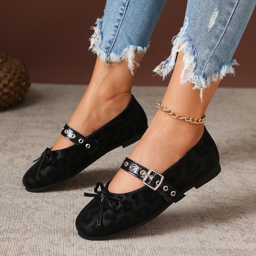 Fashion Women Flats Belt Buckle Comfortable Loafers Ladies Classic Silk Bowtie Low Heel Shoes for Women Lightweight Mary Jane Shoes
