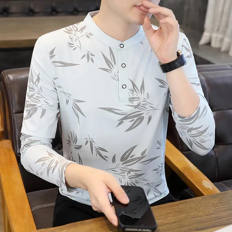 

Men Bamboo Print Henley Long Sleeve T Shirt M синий