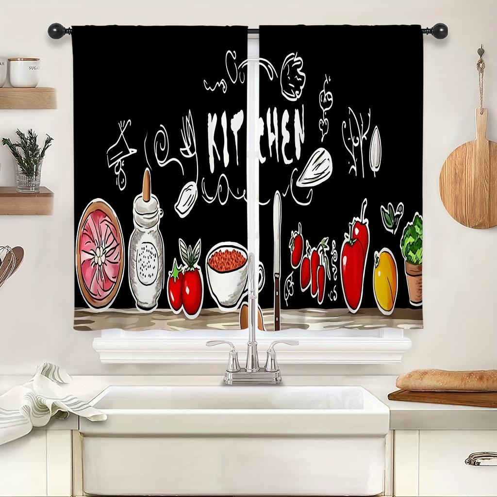 2Panel Kitchen Curtains Coffee Spoon Vegetable Print Curtains for Kitchen Window Short Curtains Rod Pocket cortinas para cocina