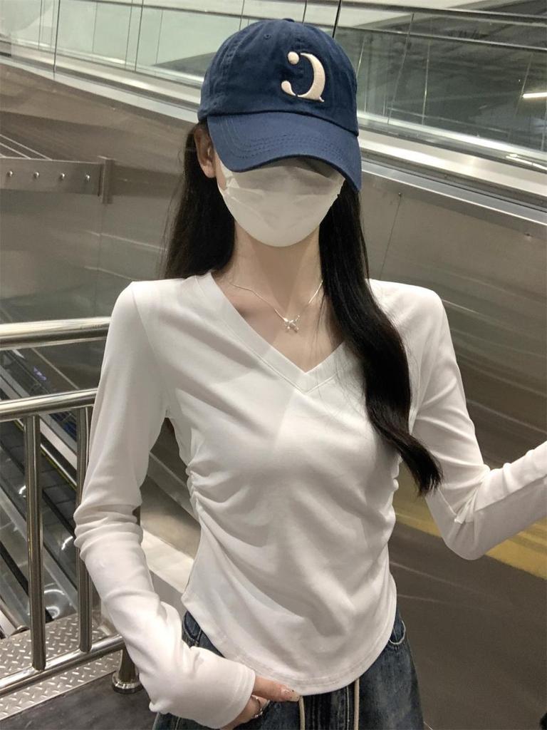 Autumn/Winter Korean Style Slim V-neck Pleated Solid Long-sleeve T-shirt