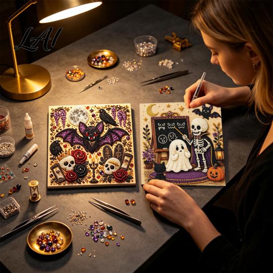 Halloween Craft Supplies Faux Pearl Painting Kit DIY Witchcraft Art 3D Seasonal Bead Wall Kit for Adults Beginners Handmade Holiday Decor Shiny