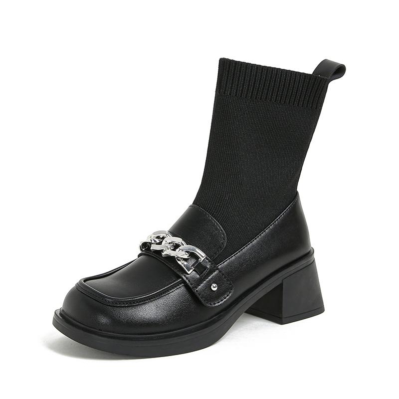 

pearl flower buckle boots women thick high heels winter botas shoes japanned leather & knitting patchwork ankle botines female 35