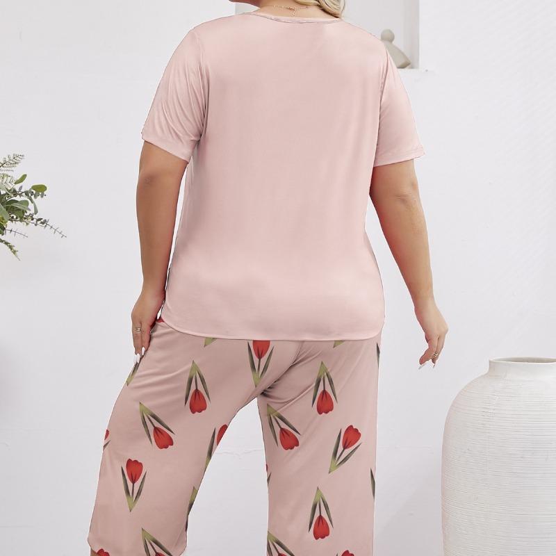 Women's Pajamas Rose Print Loose Comfortable Short Sleeve Capri Pants Home Wear Two Sets