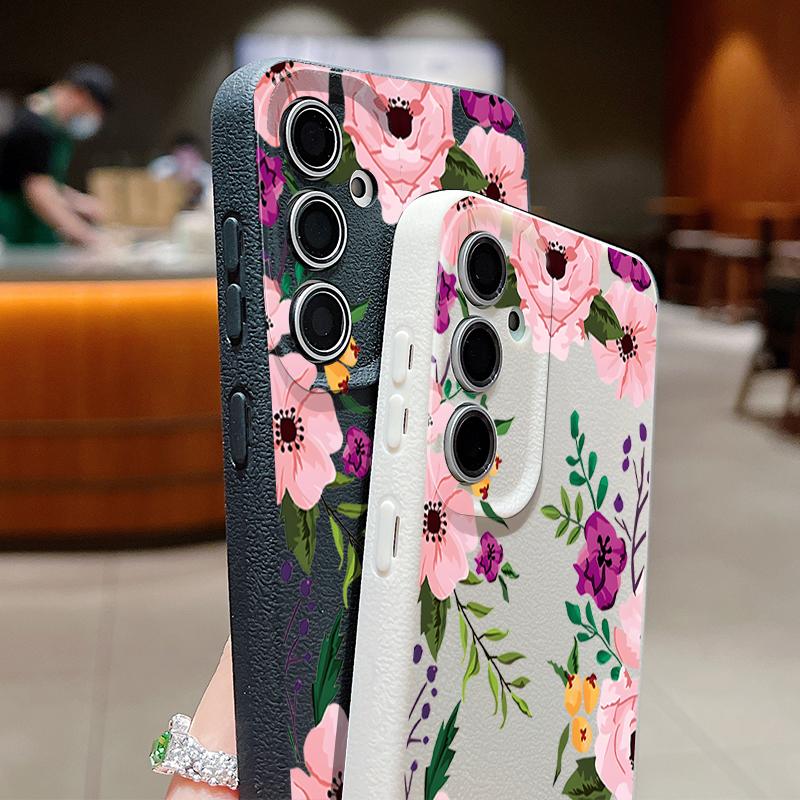 Floral Print Shockproof Phone Case For Samsung S25 Ultra S24 FE S23 S22 A56 A36 A55 A16 A26 A35 Slim Matte Leather Texture TPU Soft Bumper Cover
