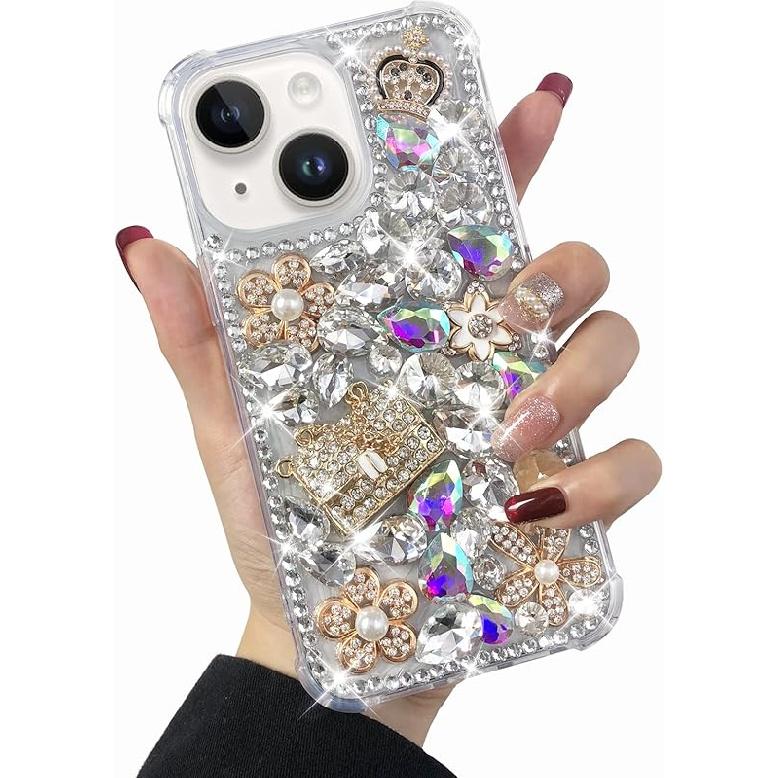 Compatible with iPhone 16 Pro Max Case Cute Bling Glitter 3D Rhinestone Diamond for Women Girls Crystal Girly Handmade Flower Gem Fashion Luxury