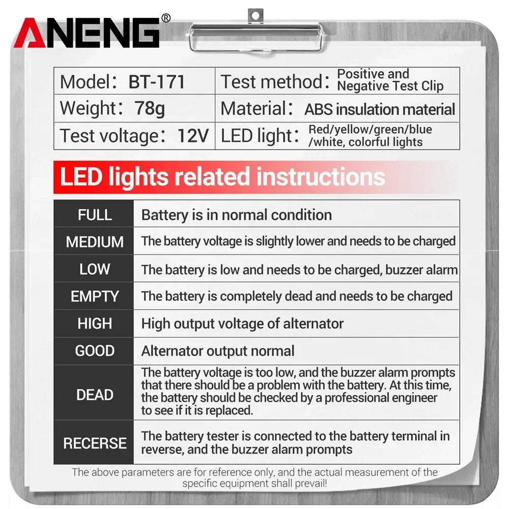 New ANENG BT-171 12V Car Battery Alternator Tester Lightweight Test Clips Multi-Color LED Indicator Vehicle Repair Diagnostic Tools & Digital Display