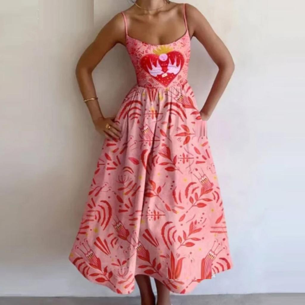 Women's U Neck Spaghetti Strap Midi Dress Slim High Waist Ruched A Line Maxi Dress Polyester Spring Sundress