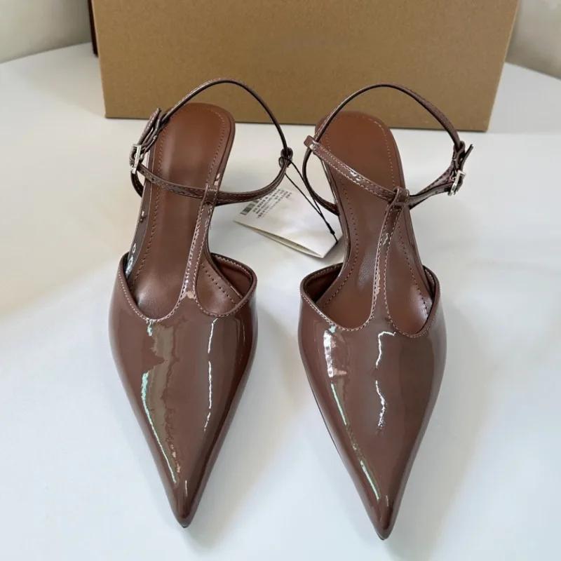 

Fashion High Quality Low Heel Ankle Strap Summer Women Modern Sandals Sexy T-Strap Pointed Toe Soft Leather Elegant Office Lady Shoes 42 коричневый