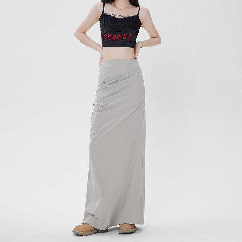 Elegant Skirt Women Sexy Slim Side Slit Pleated Mid-length Hip Skirt Y2k Vintage Fashion Bottoms Female Clothes Streetwear