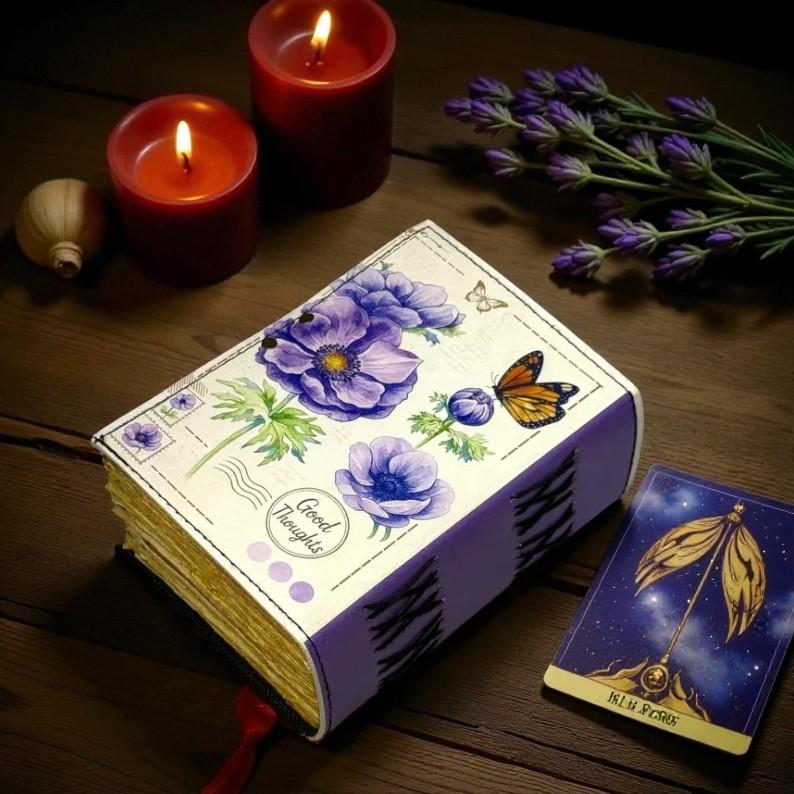 Lavender Floral Leather Journal | “Good Thoughts” Handmade Diary 5×7" | 200 Deckle Edge Pages | Butterfly Botanical Art Notebook with Lock