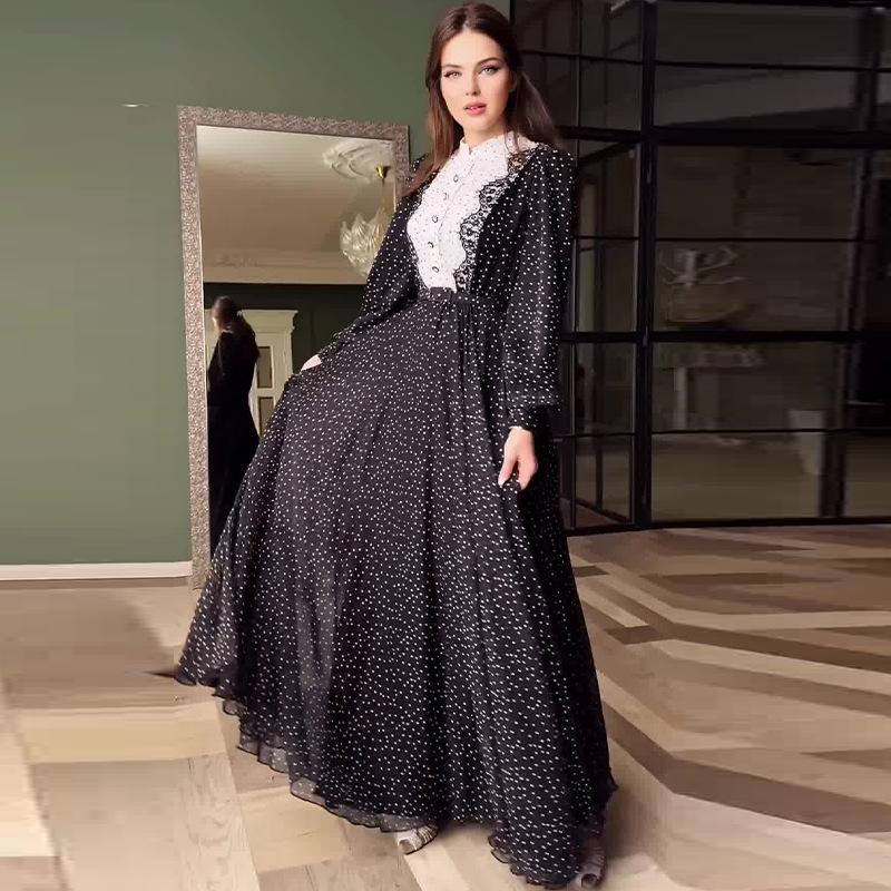 

2024 Осень Европейская и американская женская мода Платье с длинным рукавом в стиле колор-блок с кружевной отделкой XXL