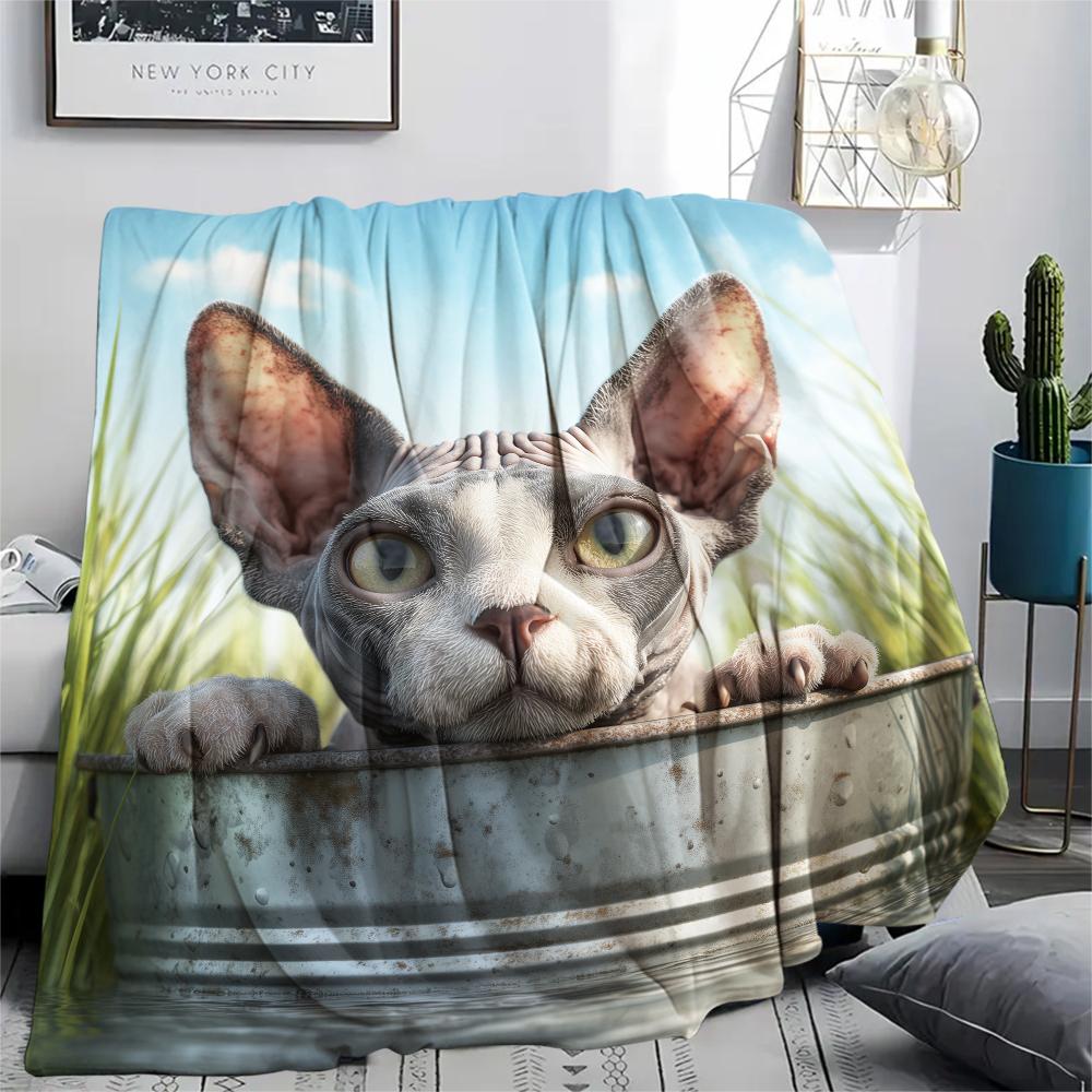 Hairless Cat Pattern Flannel Blanket, High Quality Comfortable for All Seasons, Home Decor, Warmth and Comfort, Perfect for Gifts.