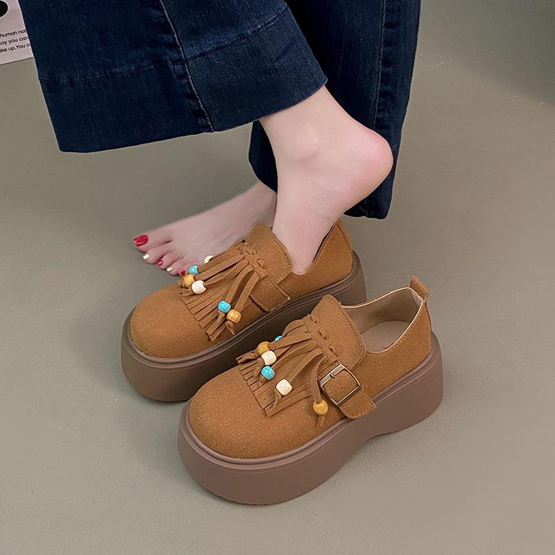 Platform Birkenstocks women's 2025 new autumn retro fringed pearl one-pedal loafers versatile single shoes