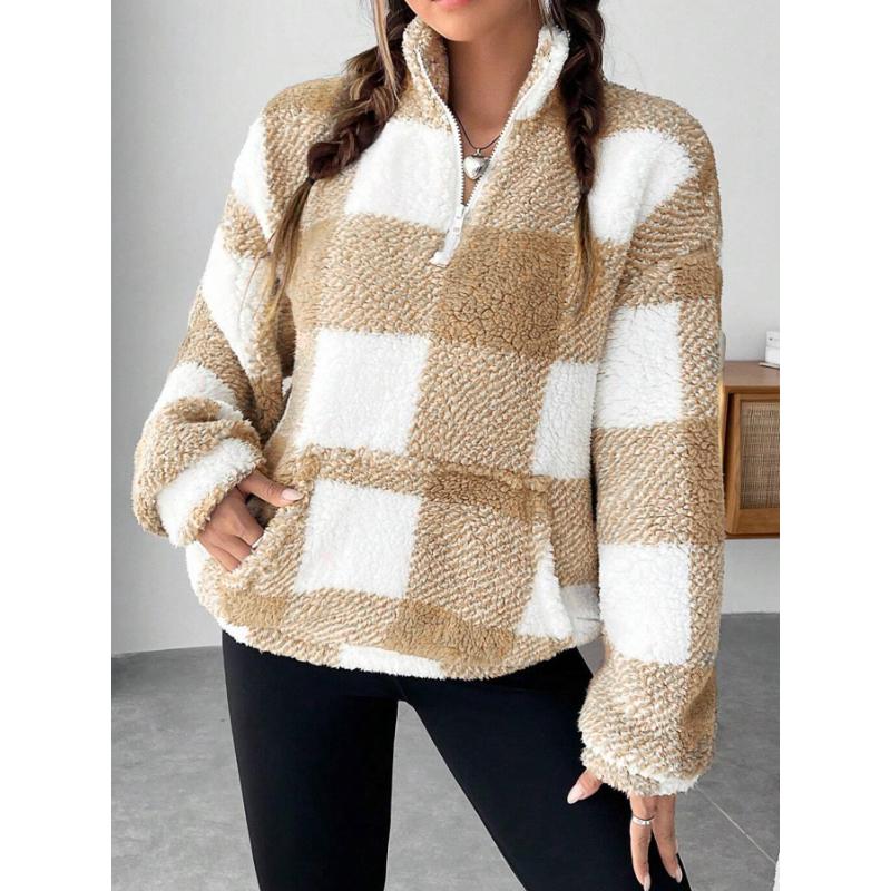 2025 Autumn and Winter Fashionable Short Plaid Half-open Collar Plush Sweatshirt for Women