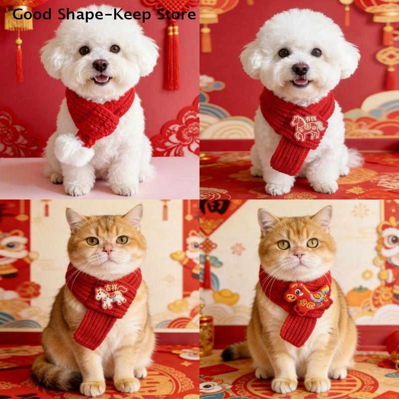New Year Celebration Decoration Pet New Year Scarf Warm Knitted Neckerchief Pet Cat And Dog Red Scarf Pet Accessories Supplies