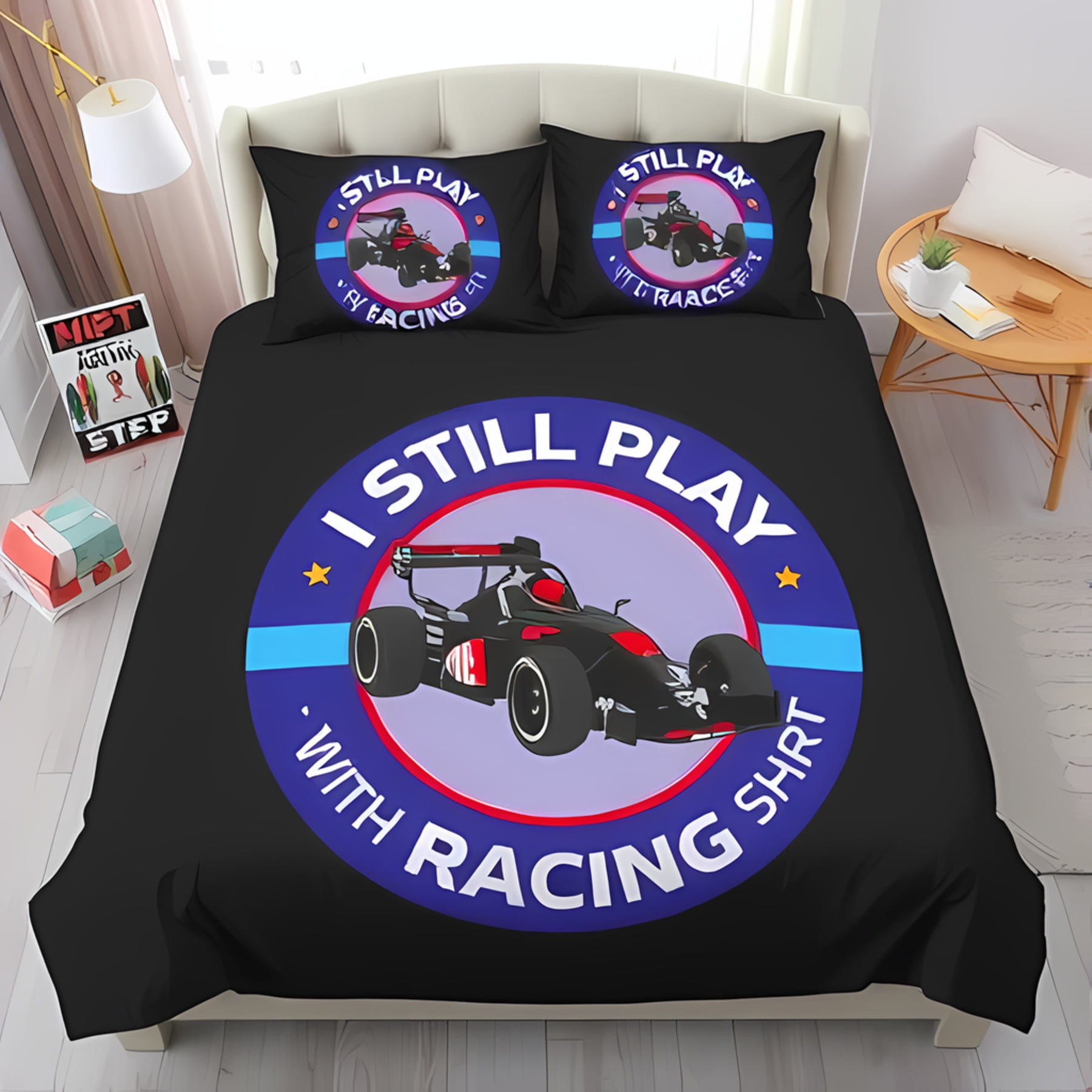 

Racing Duvet Cover Set Black White With Yellow Accents Race Car Motifs Design Perfect For Motorsports Enthusiasts Soft And Warm EU Single(135*200cm)3pcs