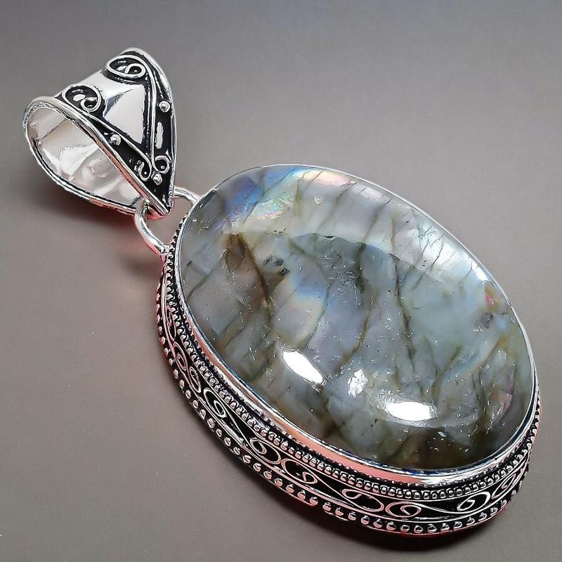 Labradorit Edelstein Handgefertigt 925 Sterlingsilber Schmuck Anhänger 2.17" AH-852