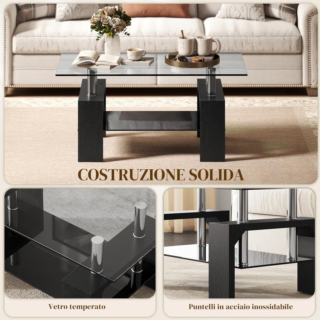 Modern 2-Level Coffee Table In Wood and Steel with Tempered Glass Top, 90x50x42 Cm, Black