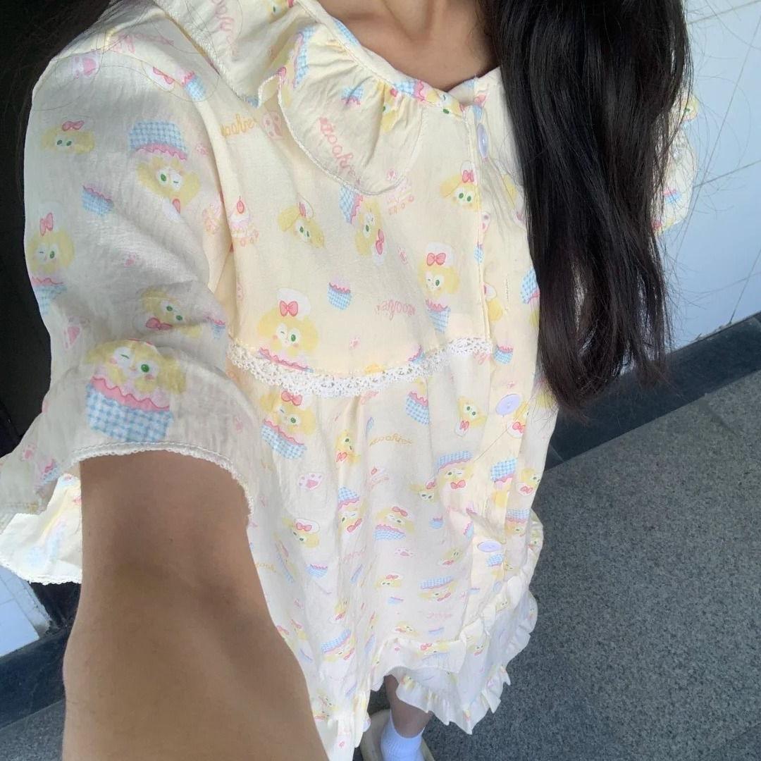 

Full of printed floral cute butter cake pajamas women s summer cardigan short-sleeved shorts set can be worn outside loungewear S