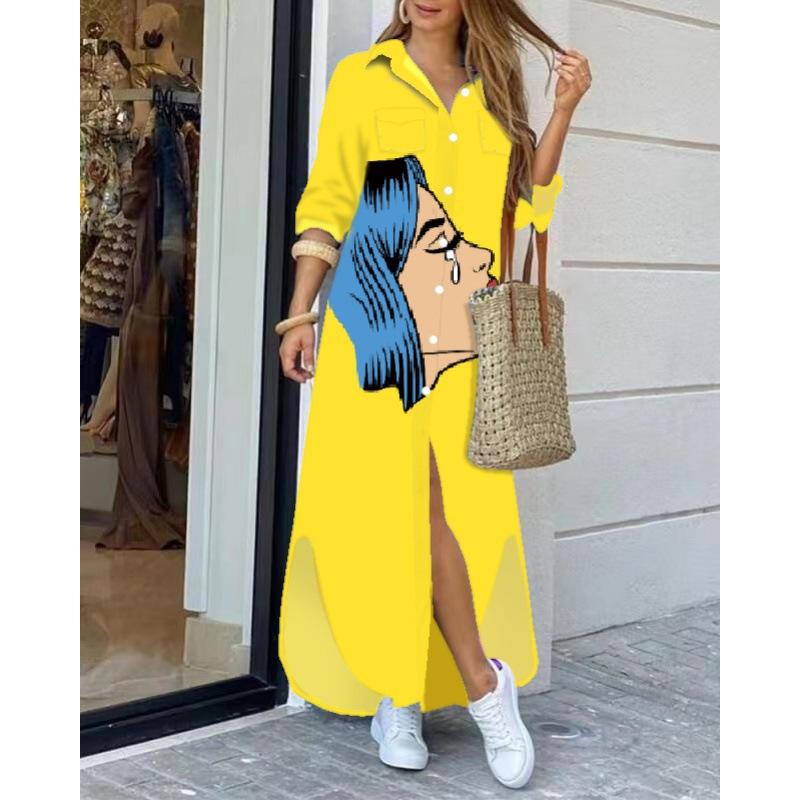 Women's Printed Maxi Shirt Dress Long Sleeve Turn Down Collar Loose Casual Dress